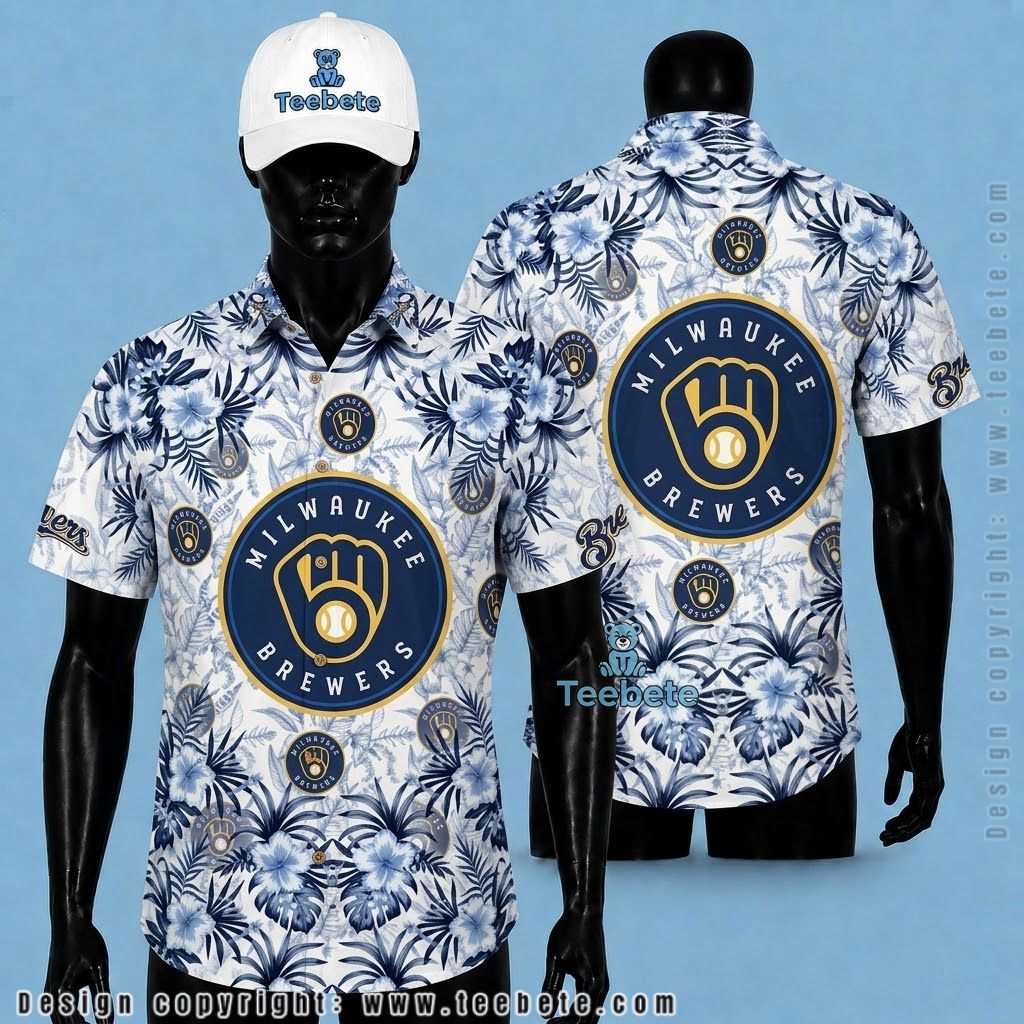 Milwaukee Brewers Hawaiian Shirt Blue Hibiscus White
