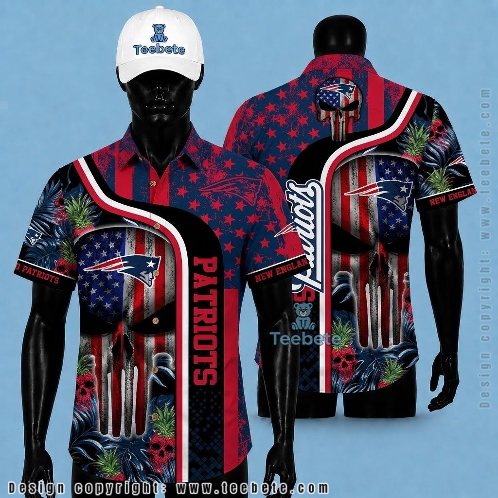 New England Patriots Hawaiian Shirt Punisher Skull American Flag Pineapple