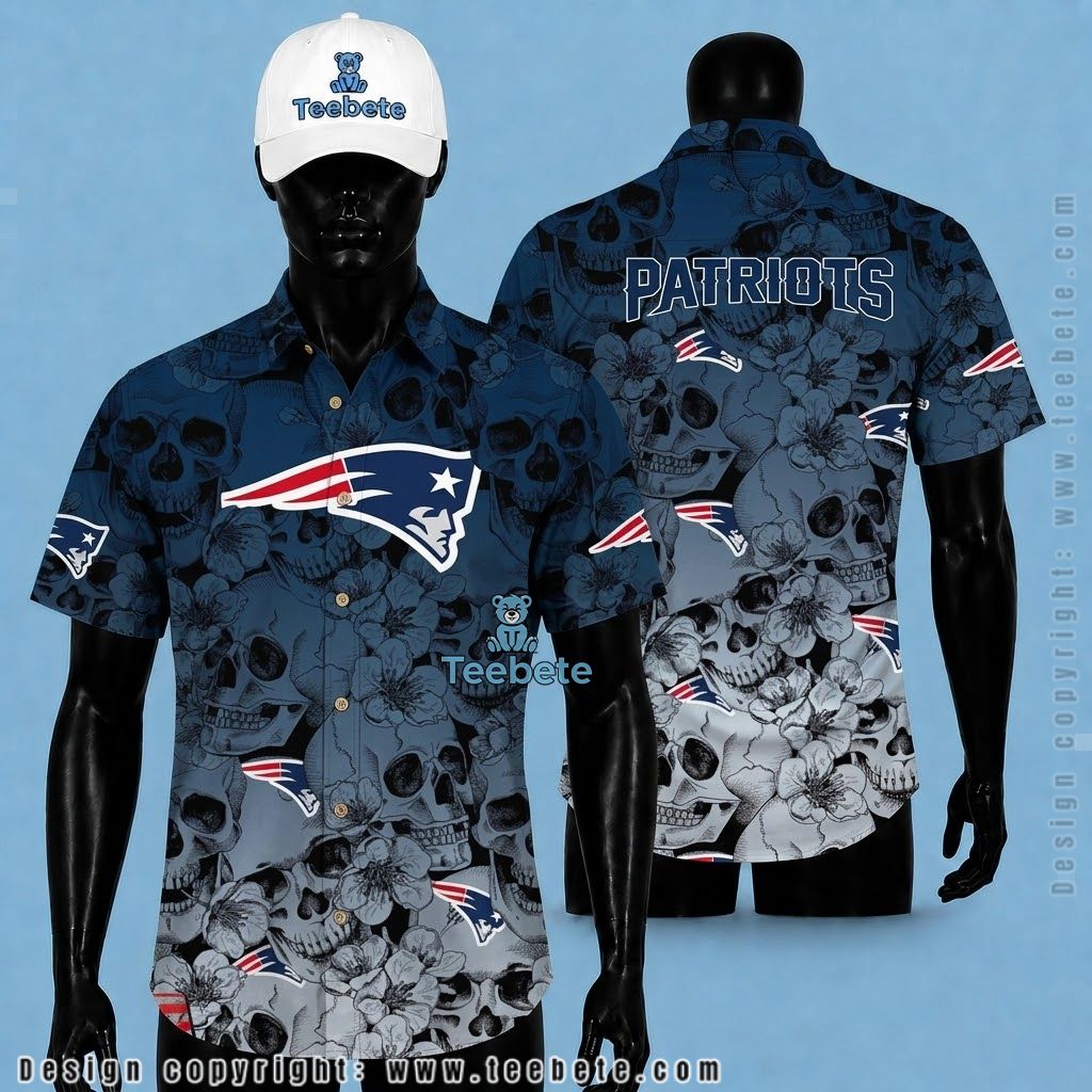 New England Patriots Hawaiian Shirt Skull Floral Ombre Pattern