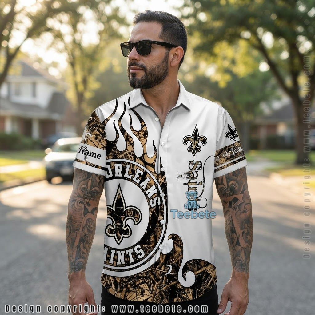 New Orleans Saints Camo Flame Hawaiian Shirt