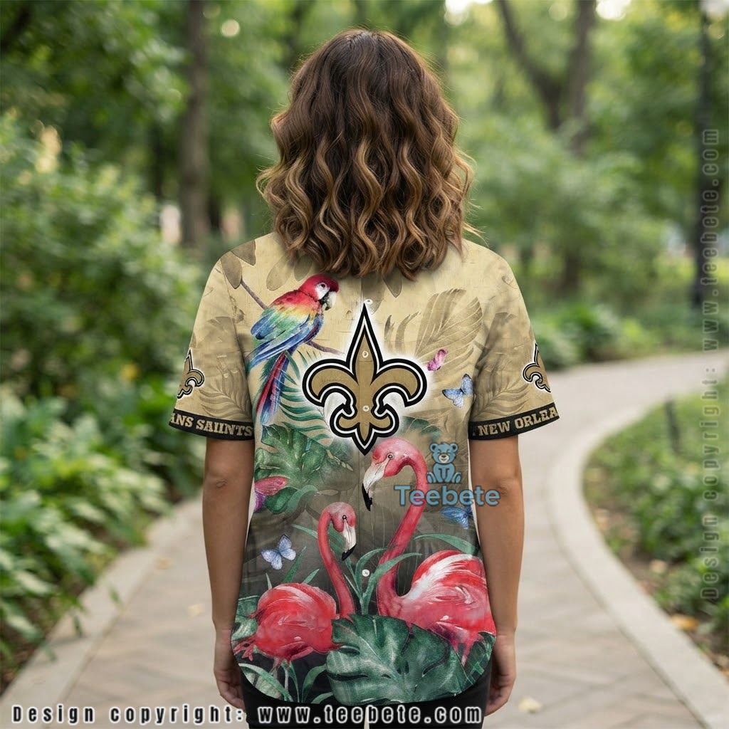 New Orleans Saints Flamingo Parrot Tropical Shirt Version 2 New Orleans Saints Flamingo Parrot Tropical Shirt Version 2