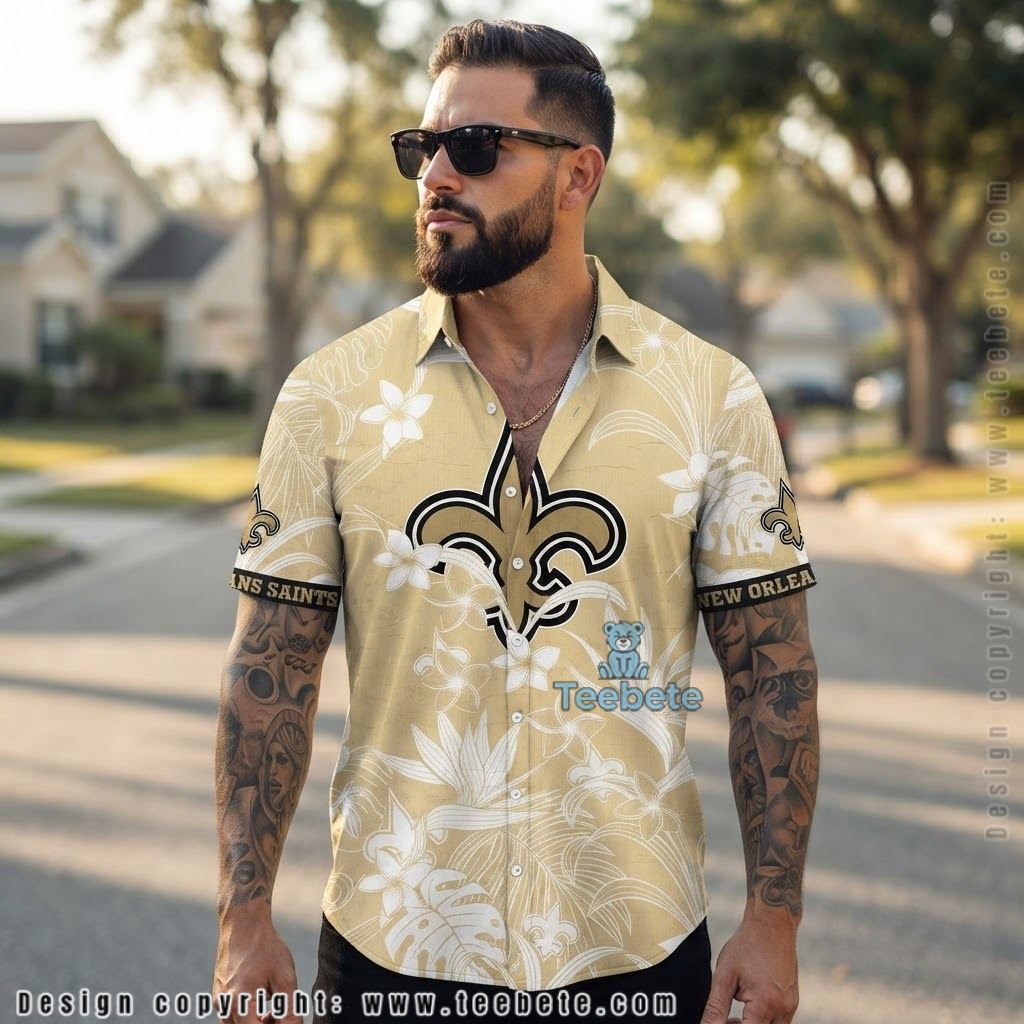 New Orleans Saints Plumeria Gold Hawaiian Shirt