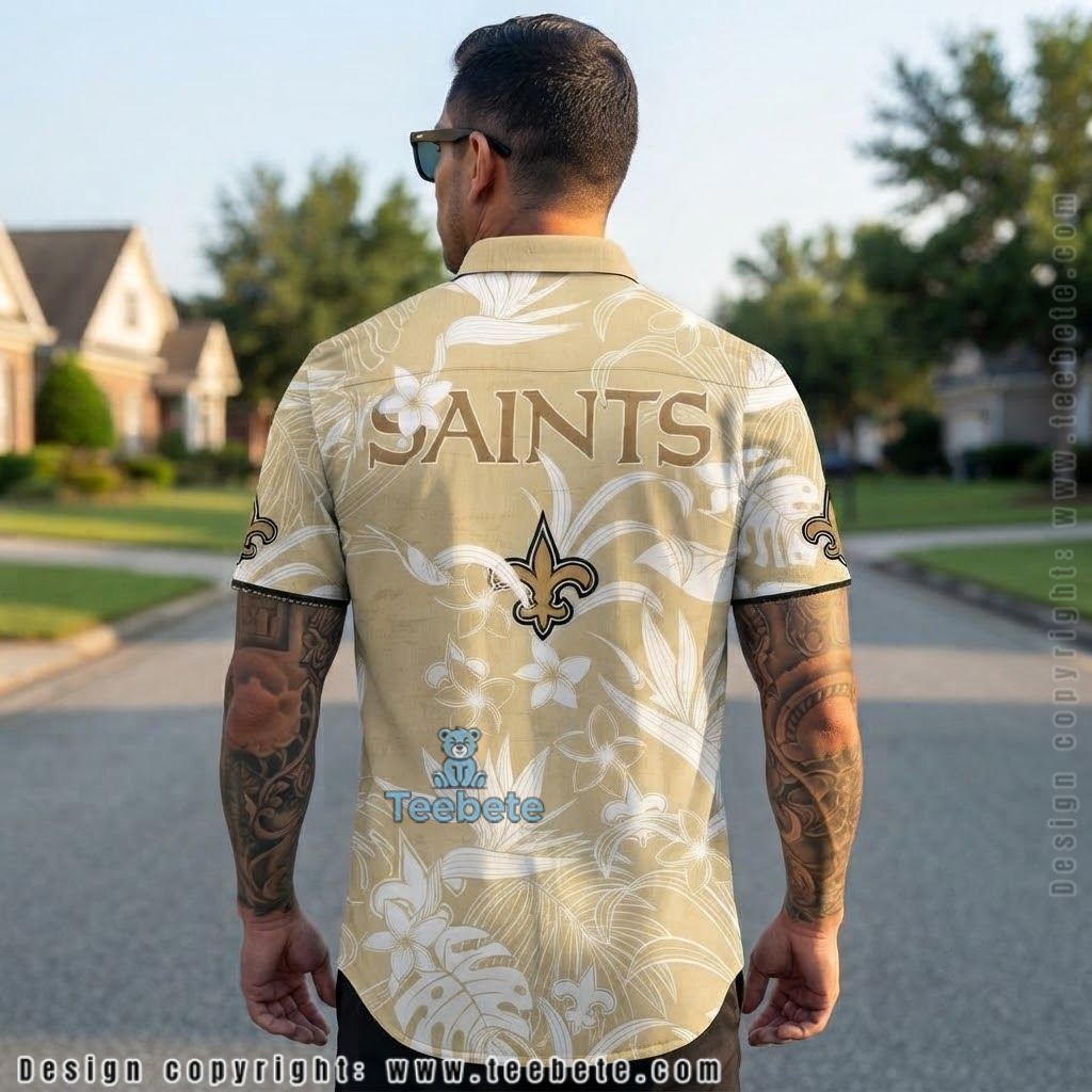 New Orleans Saints Plumeria Gold Hawaiian Shirt Version 2 New Orleans Saints Plumeria Gold Hawaiian Shirt Version 2
