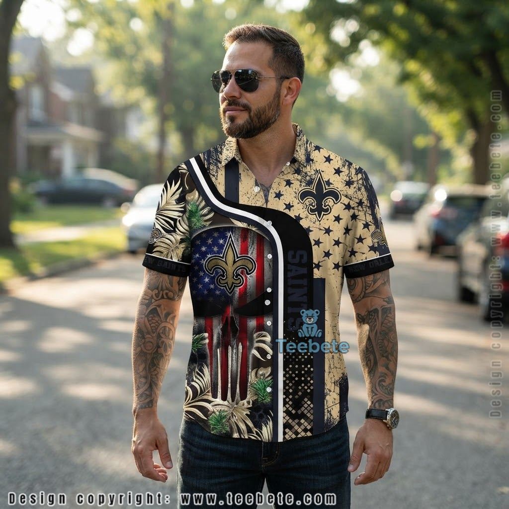 New Orleans Saints Skull American Flag Aloha Shirt