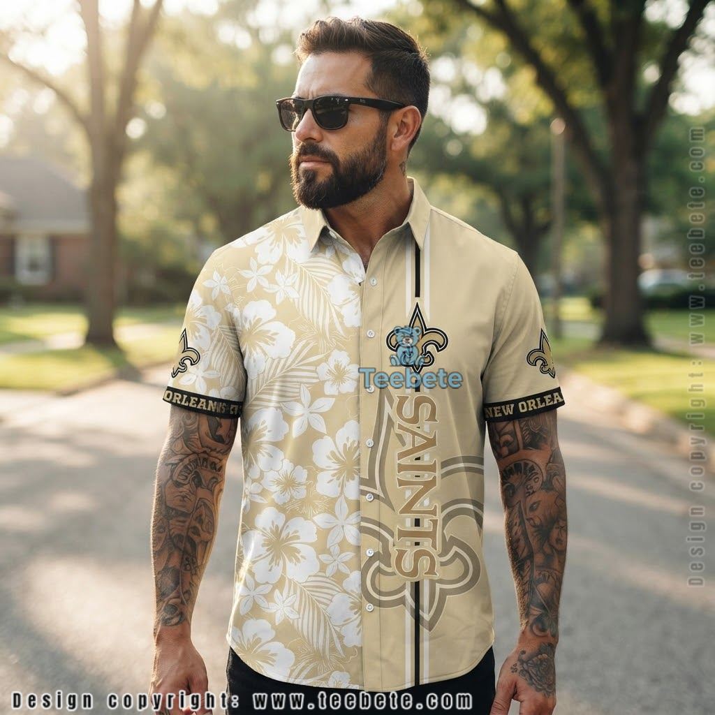 New Orleans Saints White Hibiscus Aloha Shirt