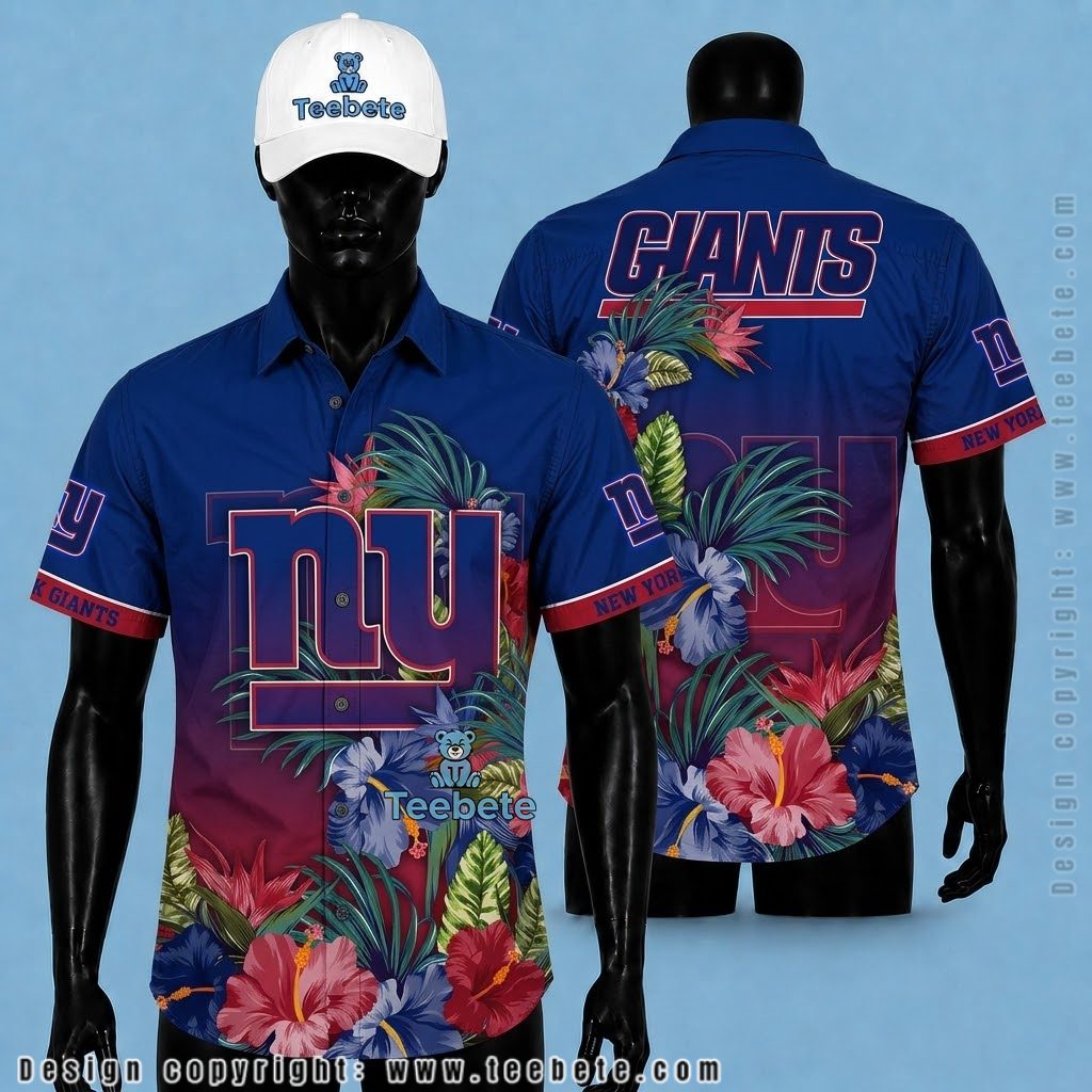 New York Giants Hawaiian Shirt Personalized Name Hibiscus