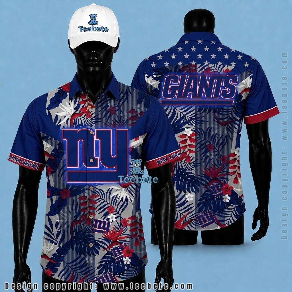 New York Giants Hawaiian Shirt Personalized Name Palm Leaf