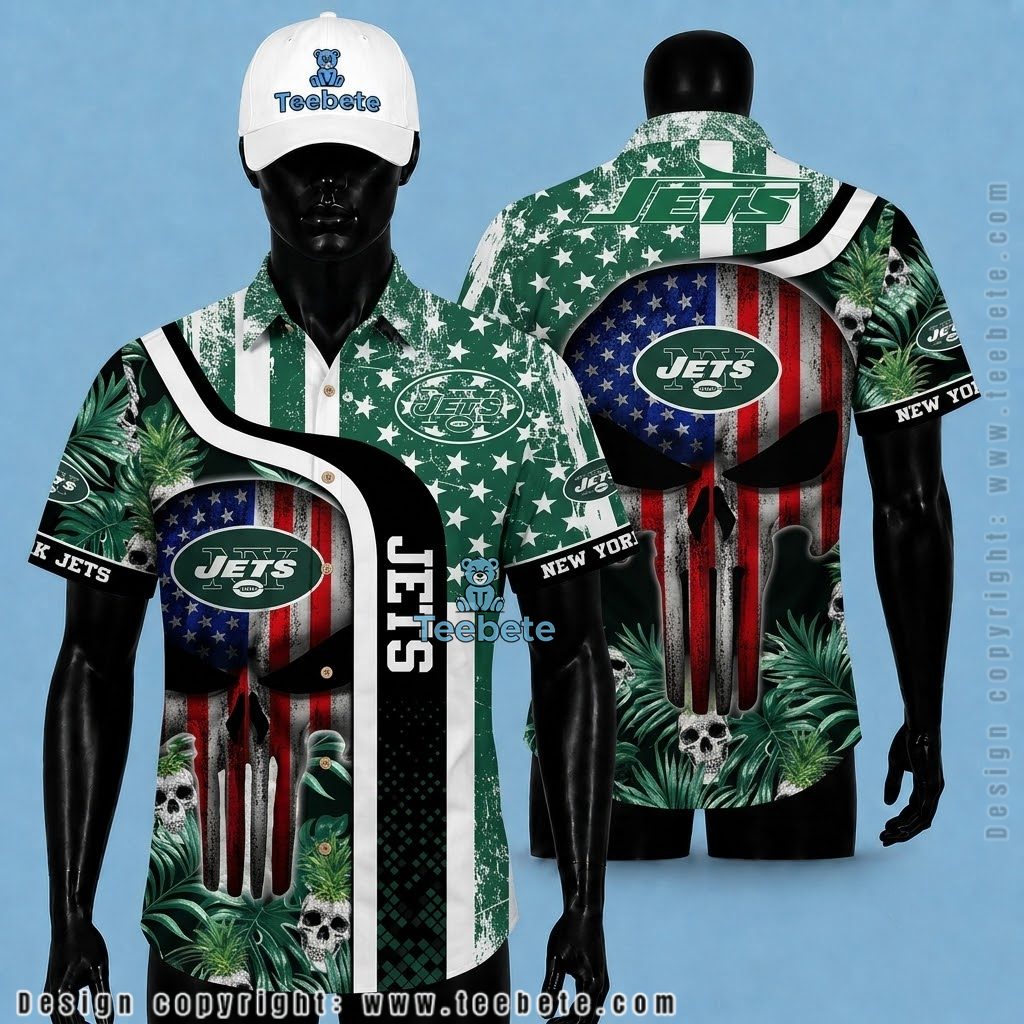 New York Jets Hawaiian Shirt Skull American Flag