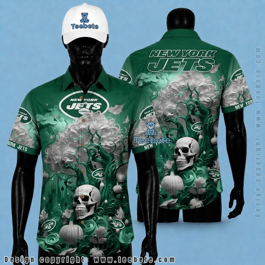New York Jets Hawaiian Shirt Skull Pumpkin