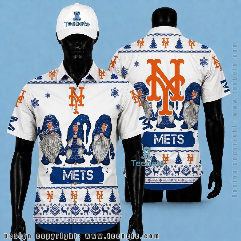 New York Mets Button Up Shirt Christmas Gnome