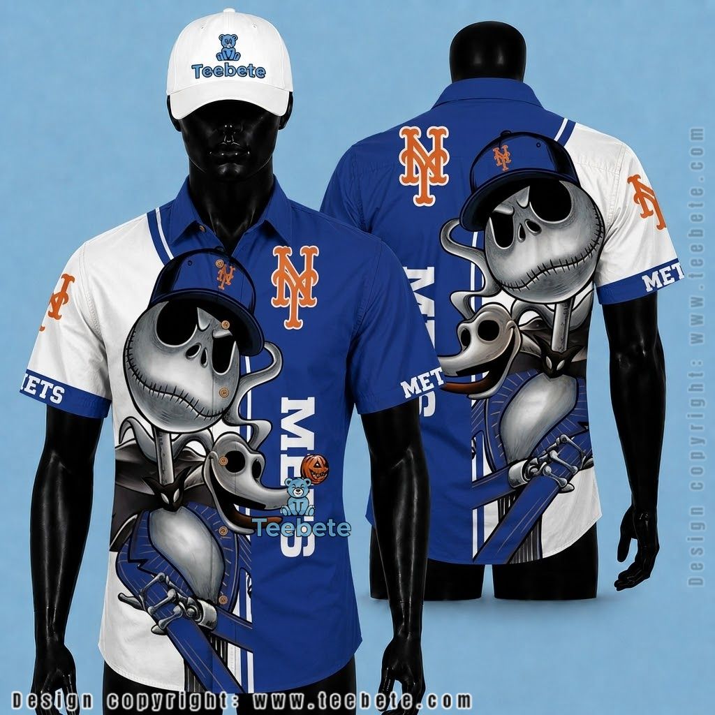 New York Mets Button Up Shirt Jack Skellington Halloween