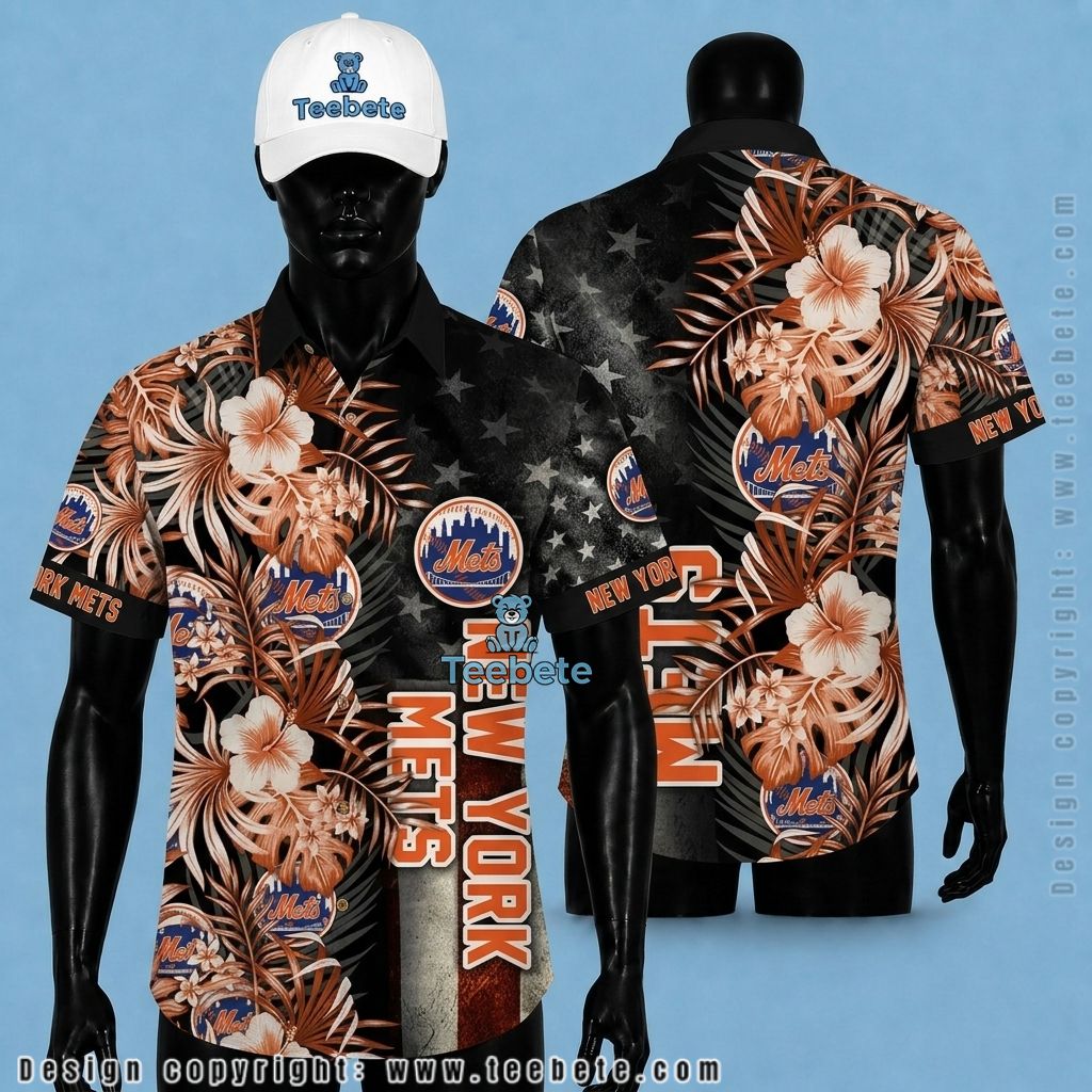 New York Mets Hawaiian Shirt Blue Botanical