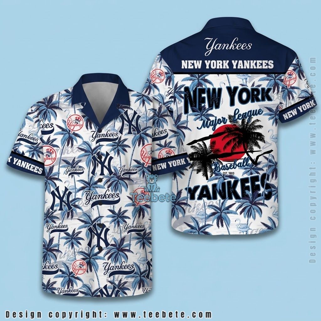New York Yankees Hawaiian Shirt Blue Palm Sunset
