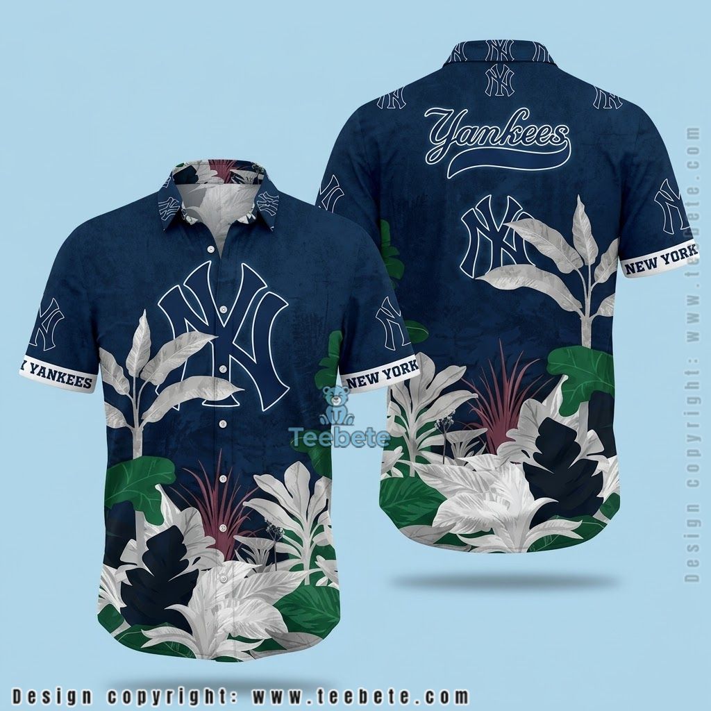 New York Yankees Hawaiian Shirt Botanical Leaf