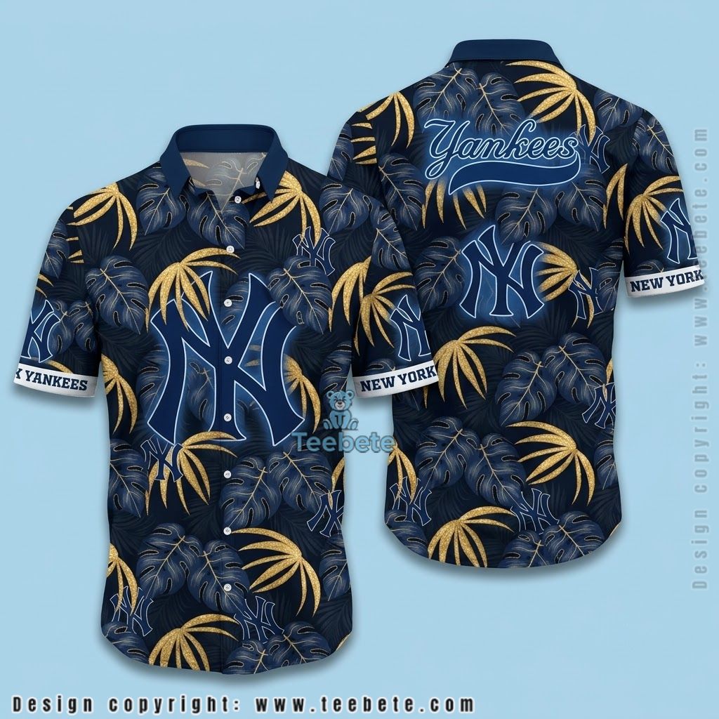 New York Yankees Hawaiian Shirt Gold Monstera