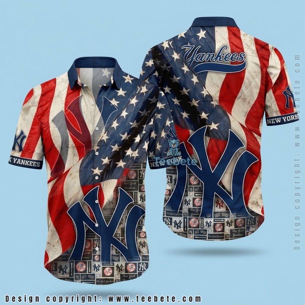New York Yankees Hawaiian Shirt Vintage US Flag