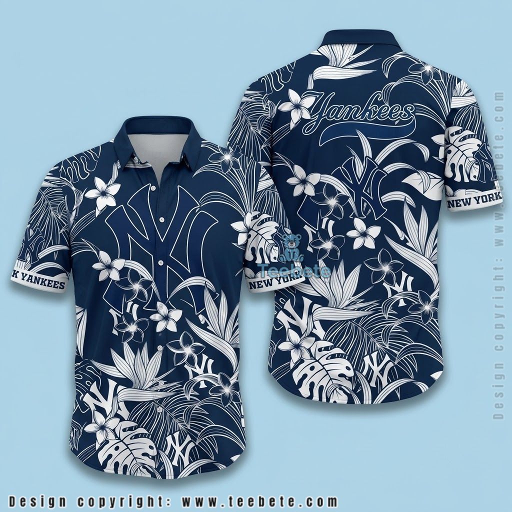 New York Yankees Hawaiian Shirt White Outline Floral