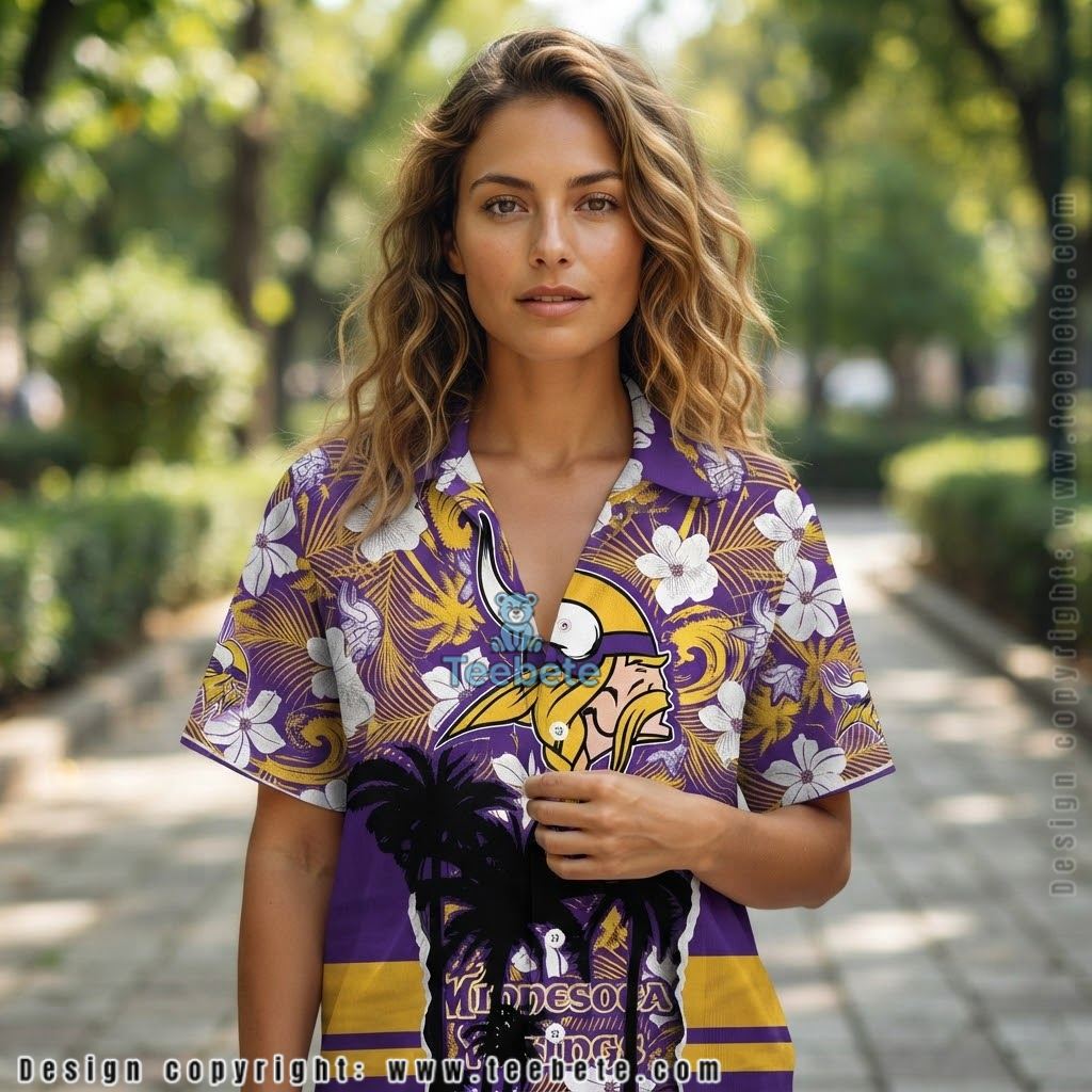 Personalized Minnesota Vikings Palm Hibiscus Aloha Shirt