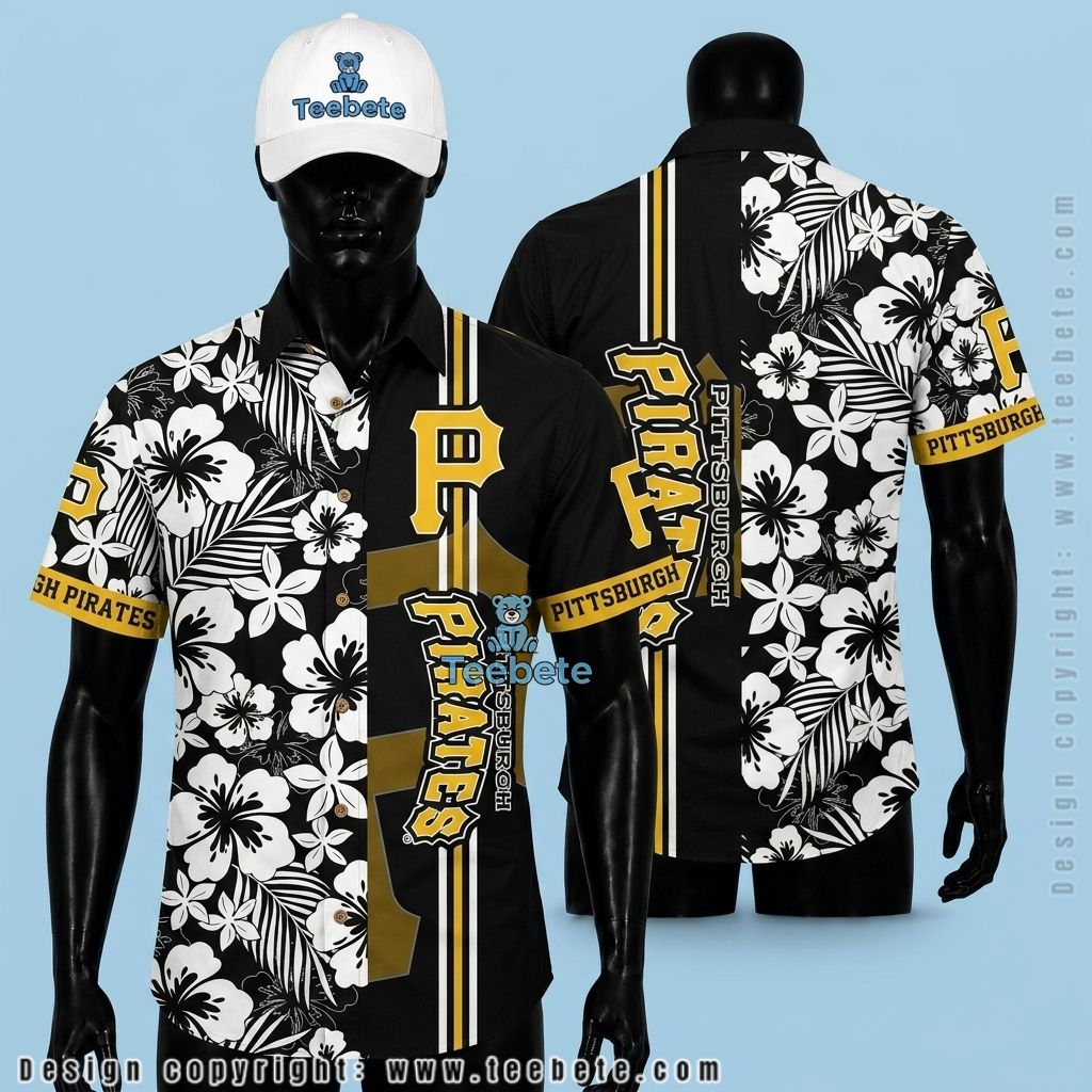 Pittsburgh Pirates Aloha Shirt Hibiscus Monochrome