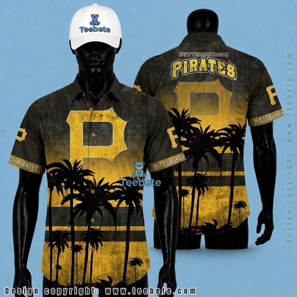 Pittsburgh Pirates Hawaiian Shirt Grunge Palm Silhouette