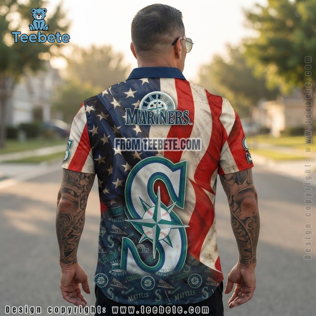 Seattle Mariners Hawaiian Shirt American Flag Version 2 Seattle Mariners Hawaiian Shirt American Flag Version 2