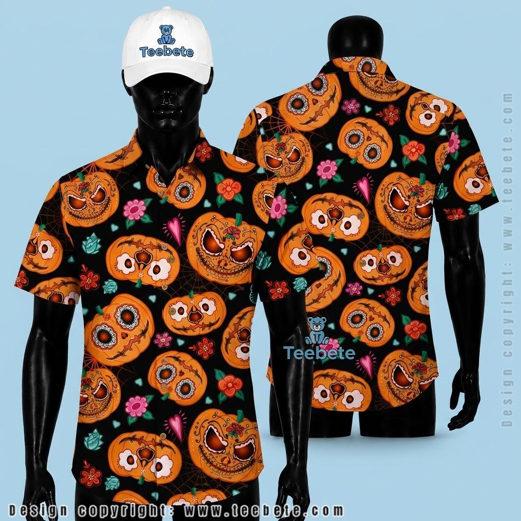 Spooky Sugar Skull Pumpkin Halloween Button Up Shirt