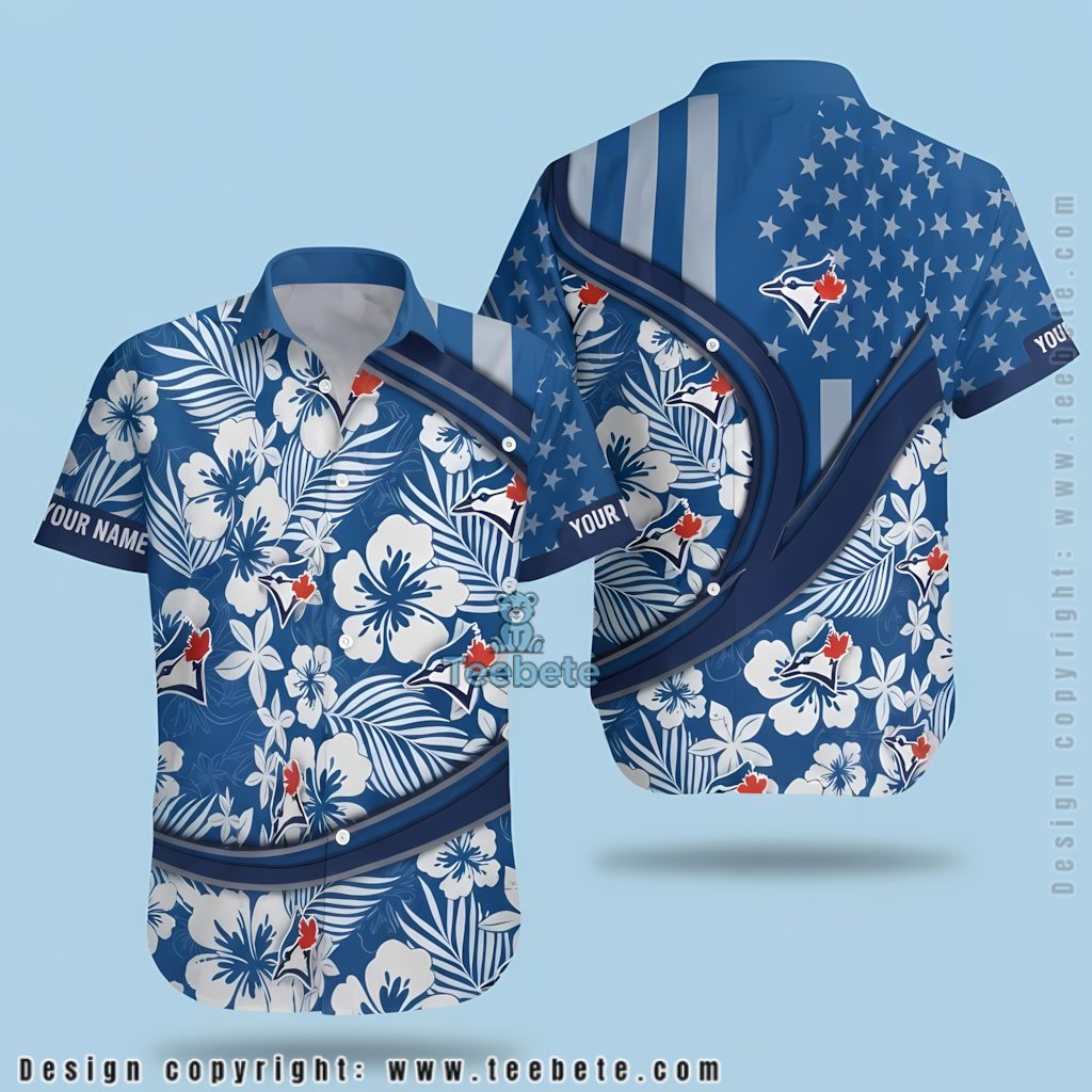 Toronto Blue Jays Hawaiian Shirt Personalized Hibiscus US Flag