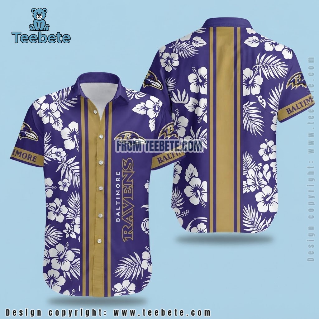 Vertical Stripe Baltimore Ravens Hawaiian Shirt White Hibiscus