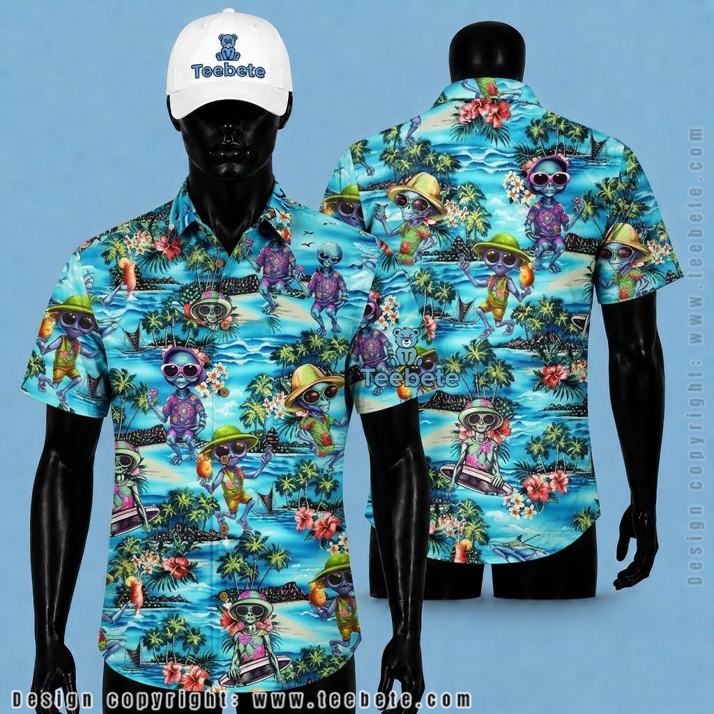 Alien Aloha Shirt Island Vacation Blue