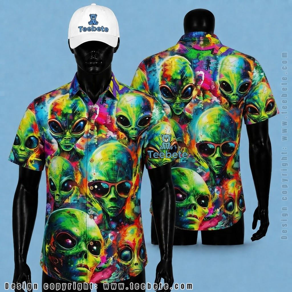 Alien Button Up Shirt Watercolor Face Portrait