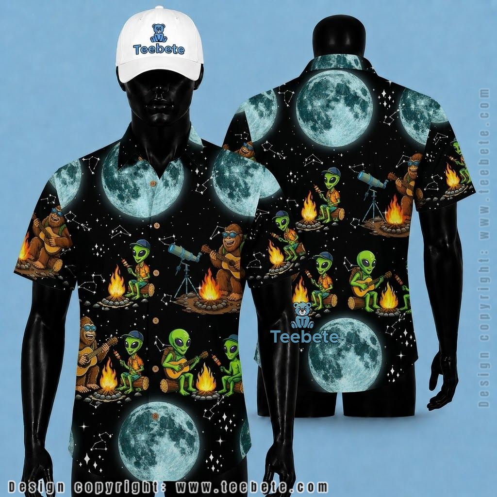 Alien Hawaiian Shirt Bigfoot Campfire Moon