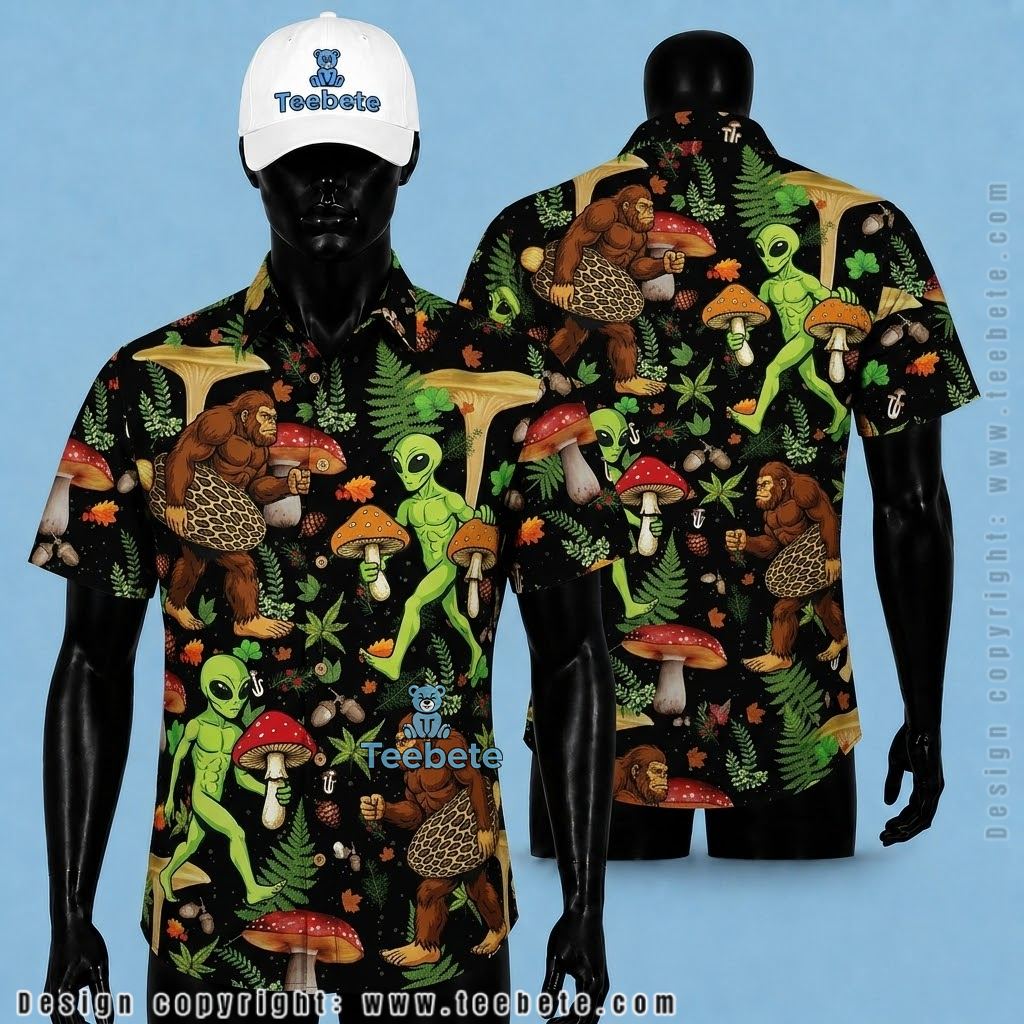 Alien Hawaiian Shirt Bigfoot Forest Mushroom