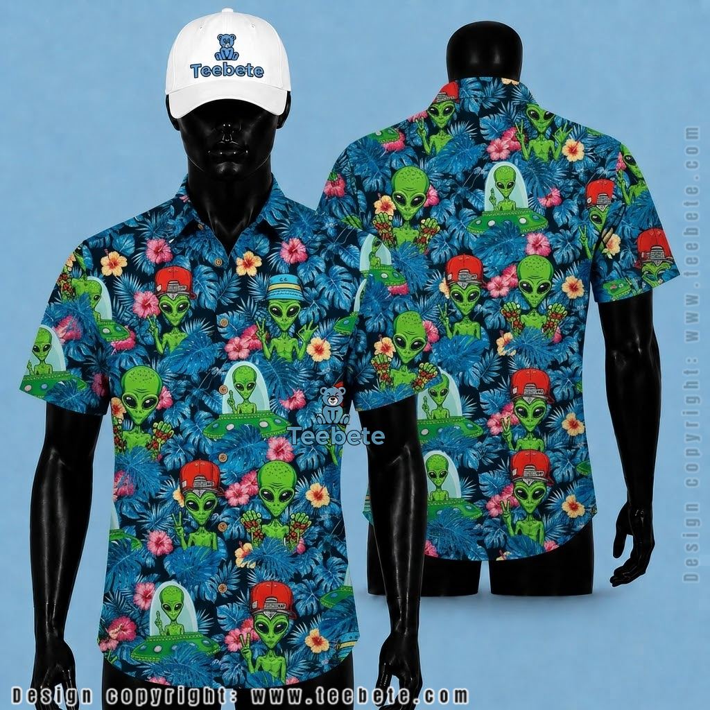 Alien Hawaiian Shirt Blue Hibiscus Cap