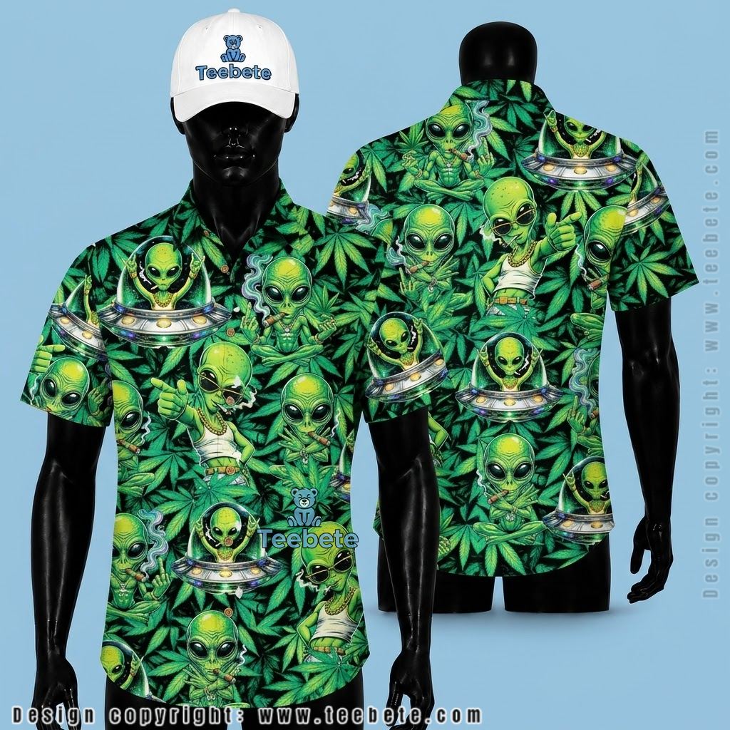 Alien Hawaiian Shirt Cannabis Leaf Green Print