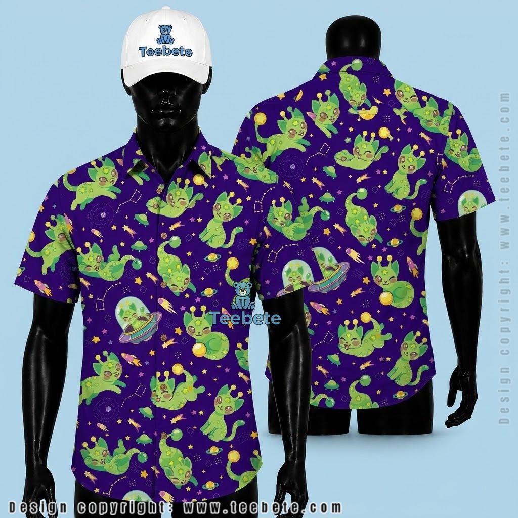 Alien Hawaiian Shirt Cat Purple Space Print