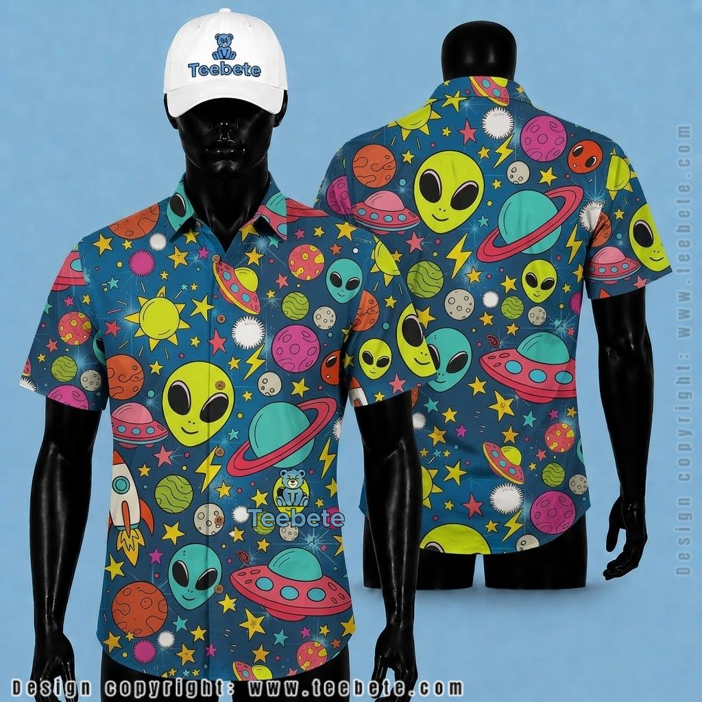 Alien Hawaiian Shirt Colorful Cartoon Planet