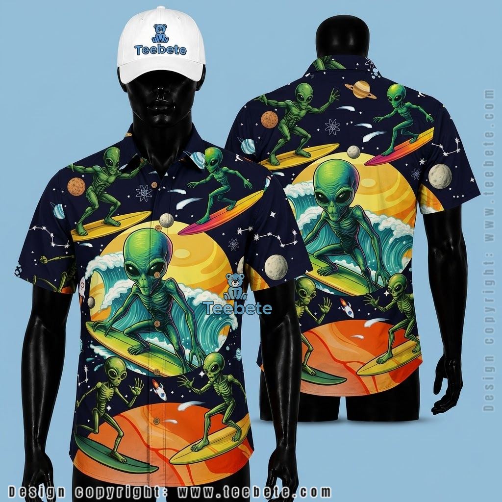 Alien Hawaiian Shirt Cosmic Surfing Planet