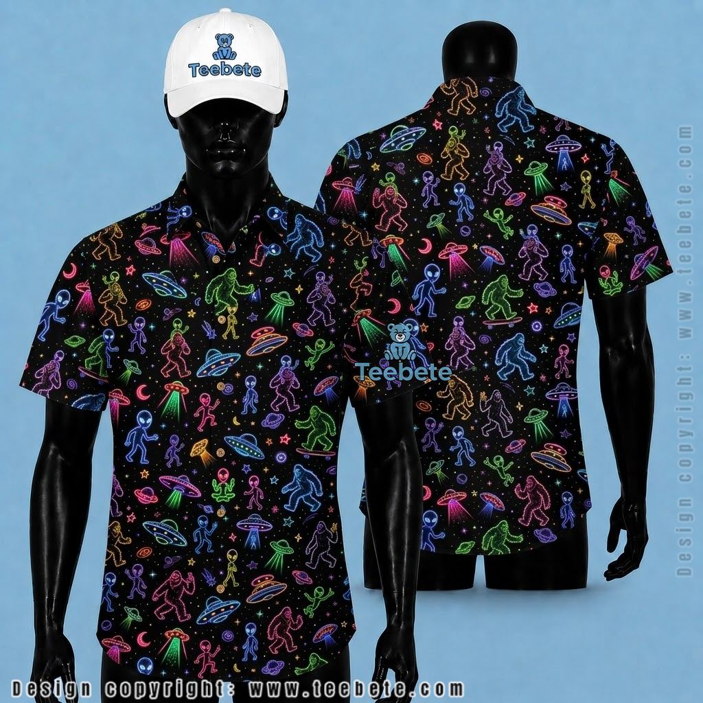 Alien Hawaiian Shirt Neon Bigfoot UFO