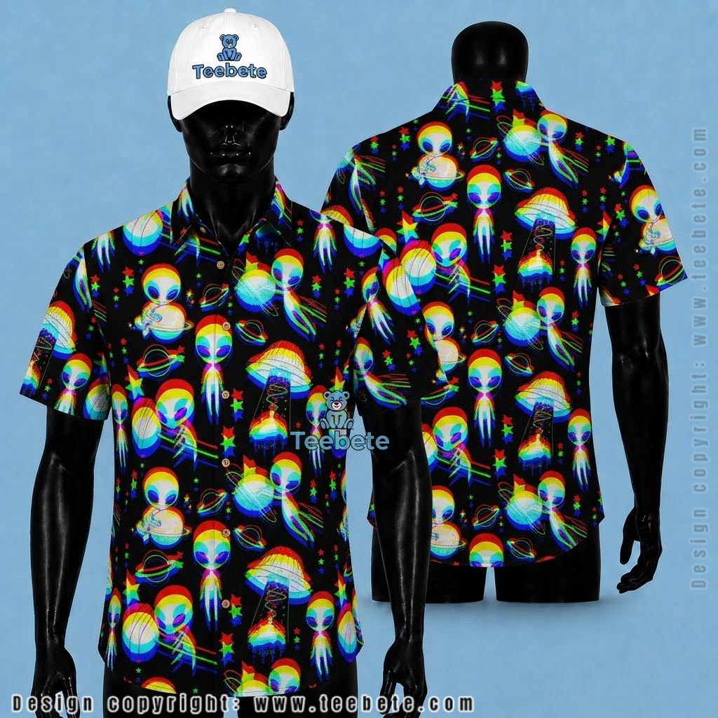 Alien Hawaiian Shirt Rainbow UFO Black