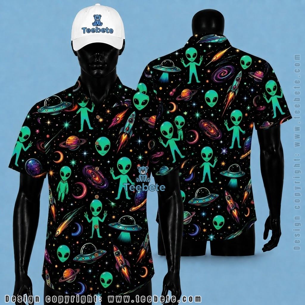 Alien Hawaiian Shirt Rocket Galaxy Black Space
