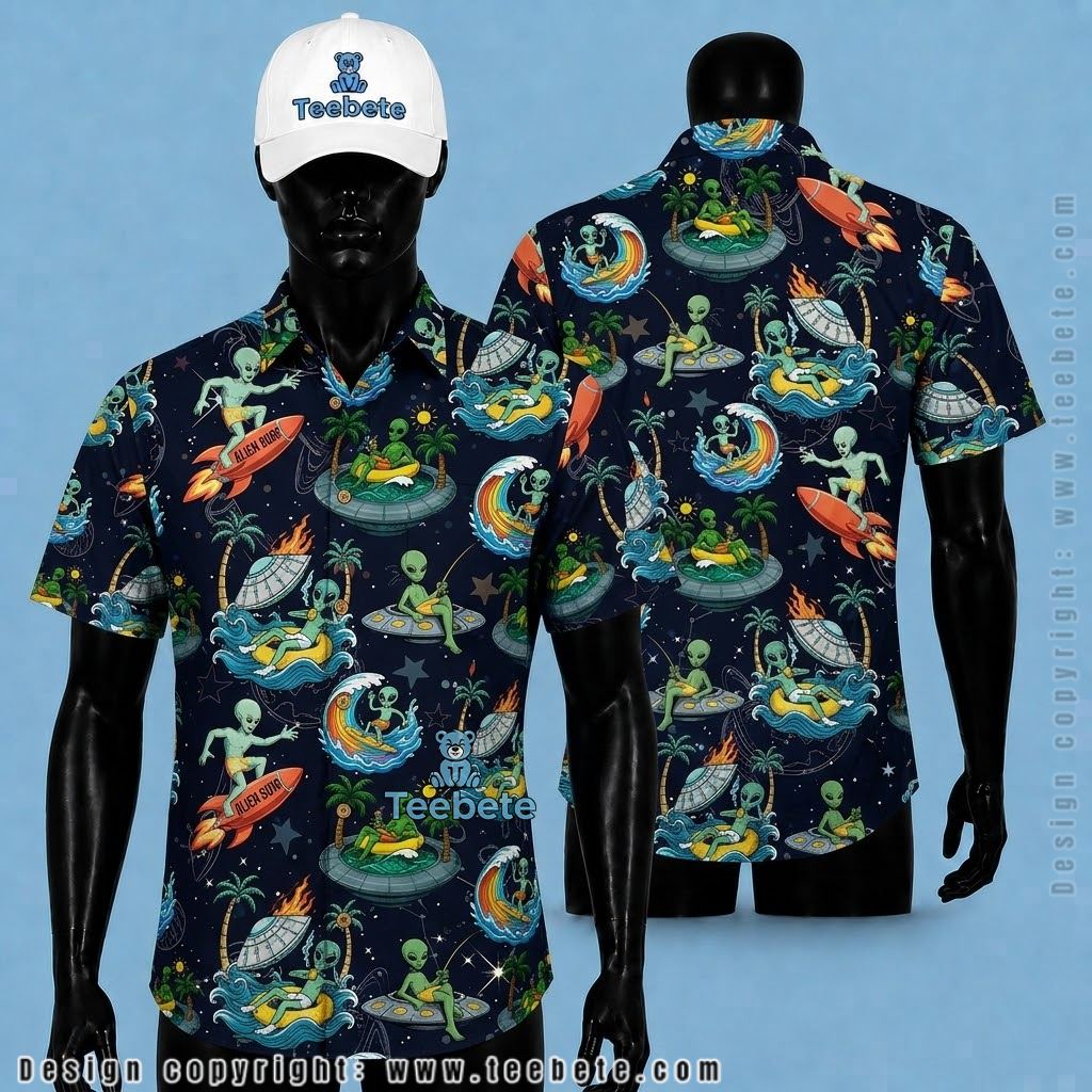 Alien Hawaiian Shirt Rocket Island Rainbow