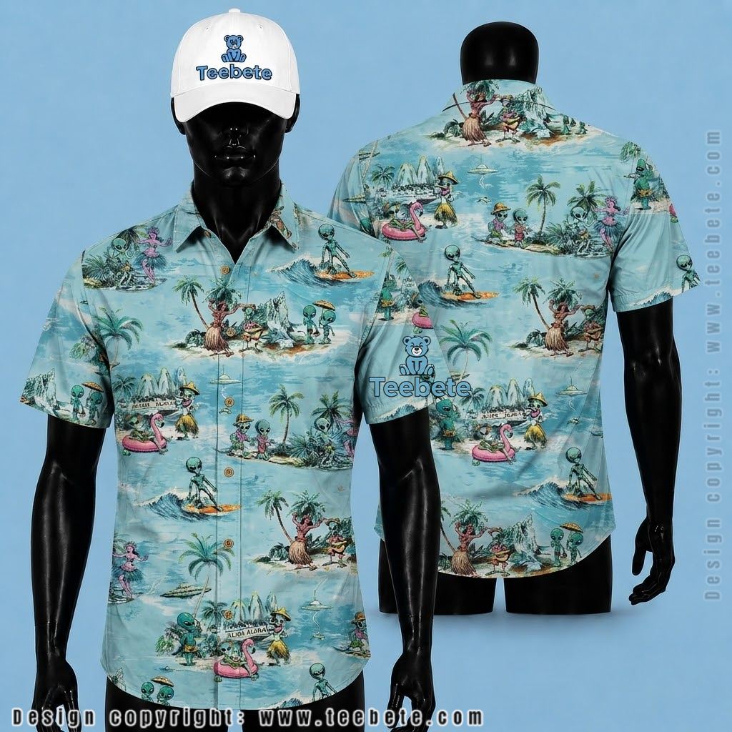 Alien Hawaiian Shirt Surfing Beach Blue Print
