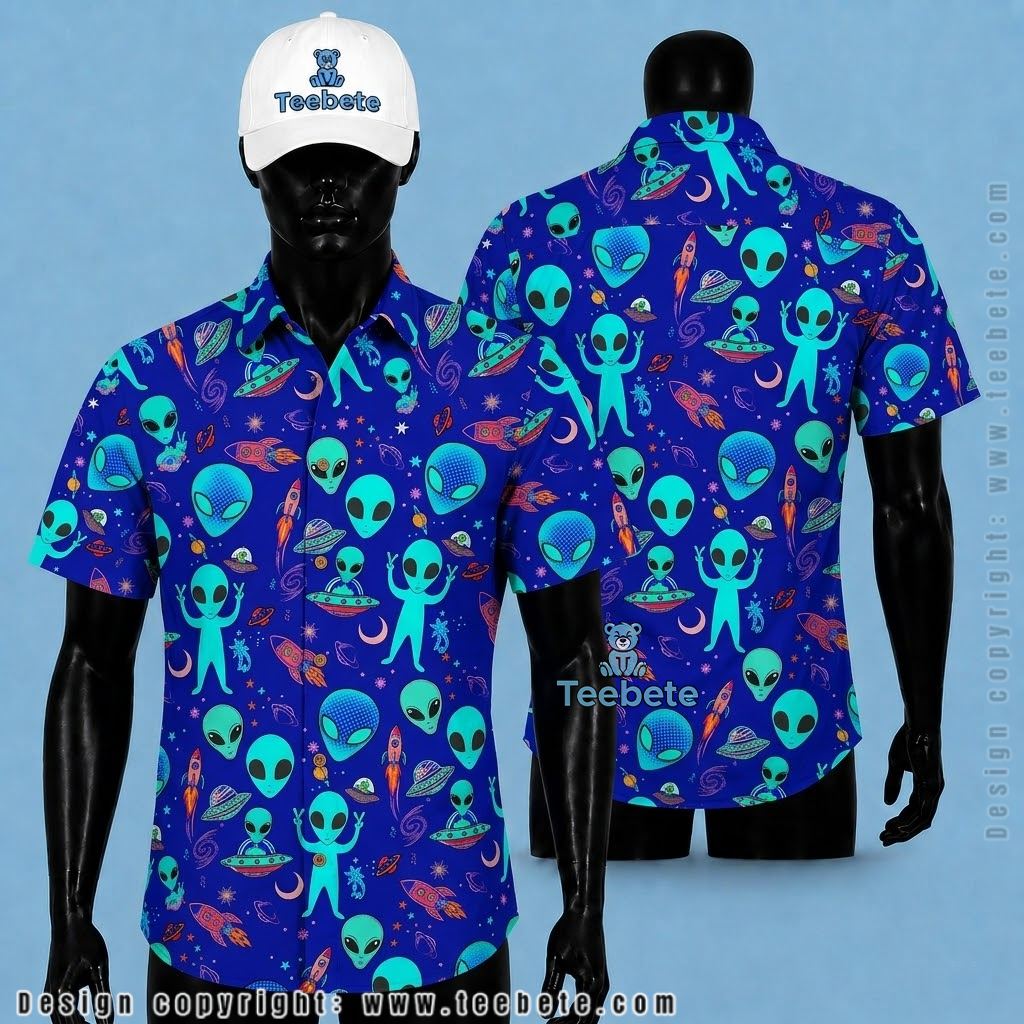 Alien Hawaiian Shirt Turquoise Rocket Doodle