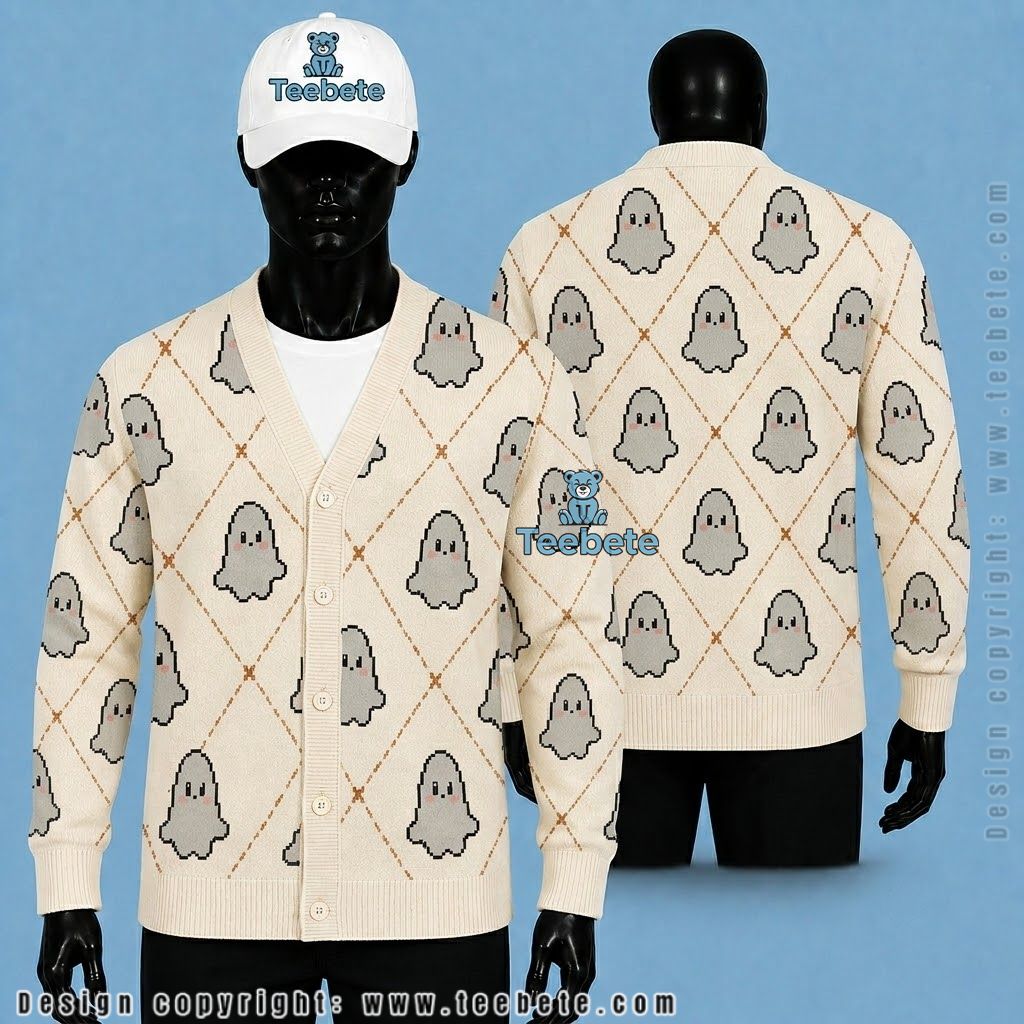 Argyle Halloween Cardigan Cozy Ghost Print