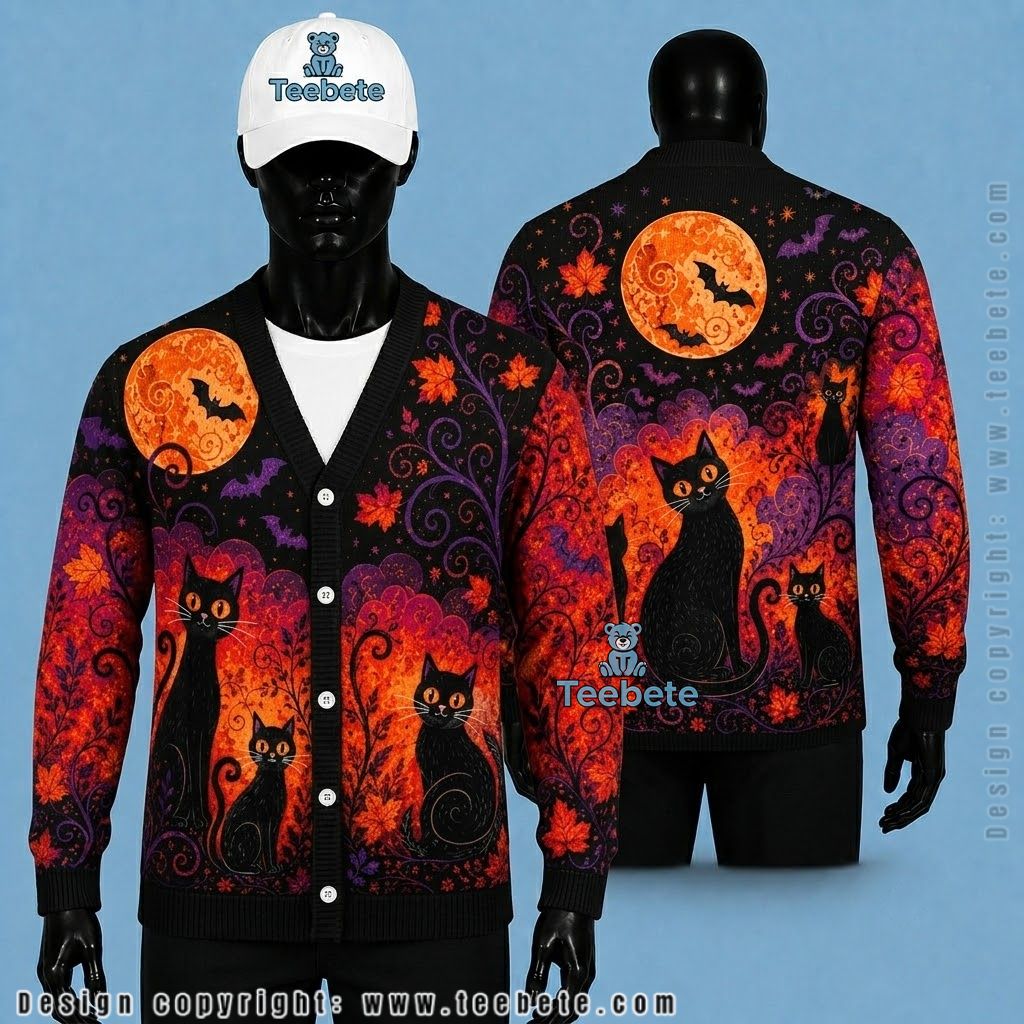 Autumn Halloween Cardigan Moonlit Black Cat