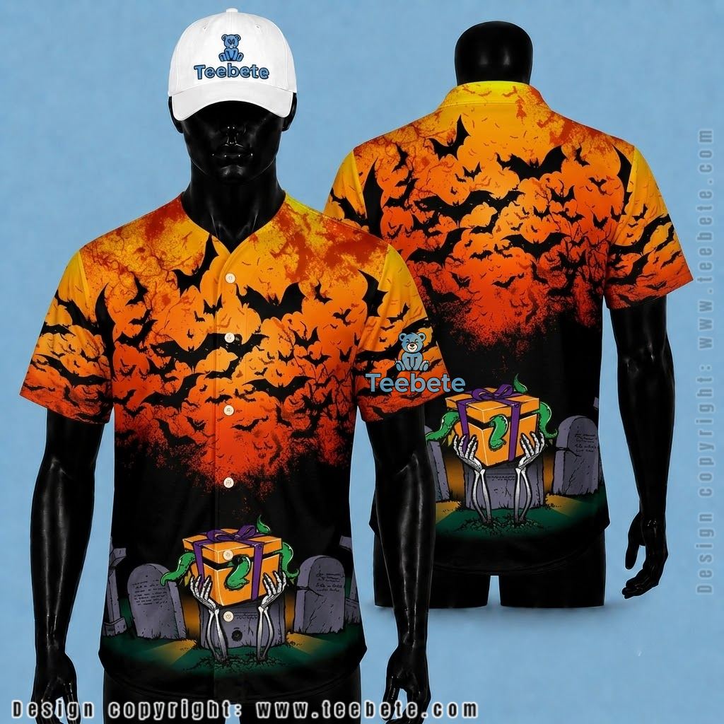 Bat Swarm Halloween Baseball Jersey Skeleton Hand Graveyard