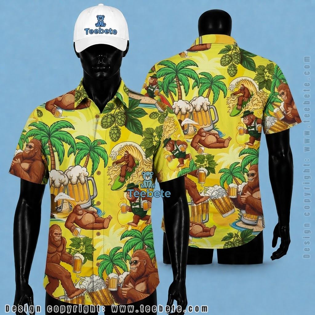 Beer Hawaiian Shirt Bigfoot Surfing Yellow
