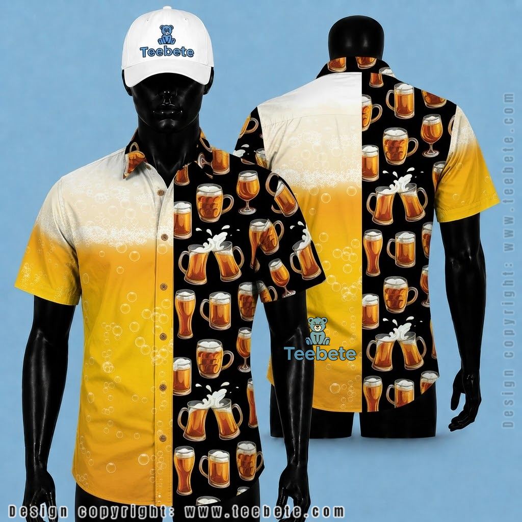 Beer Hawaiian Shirt Half Bubble Black Yellow