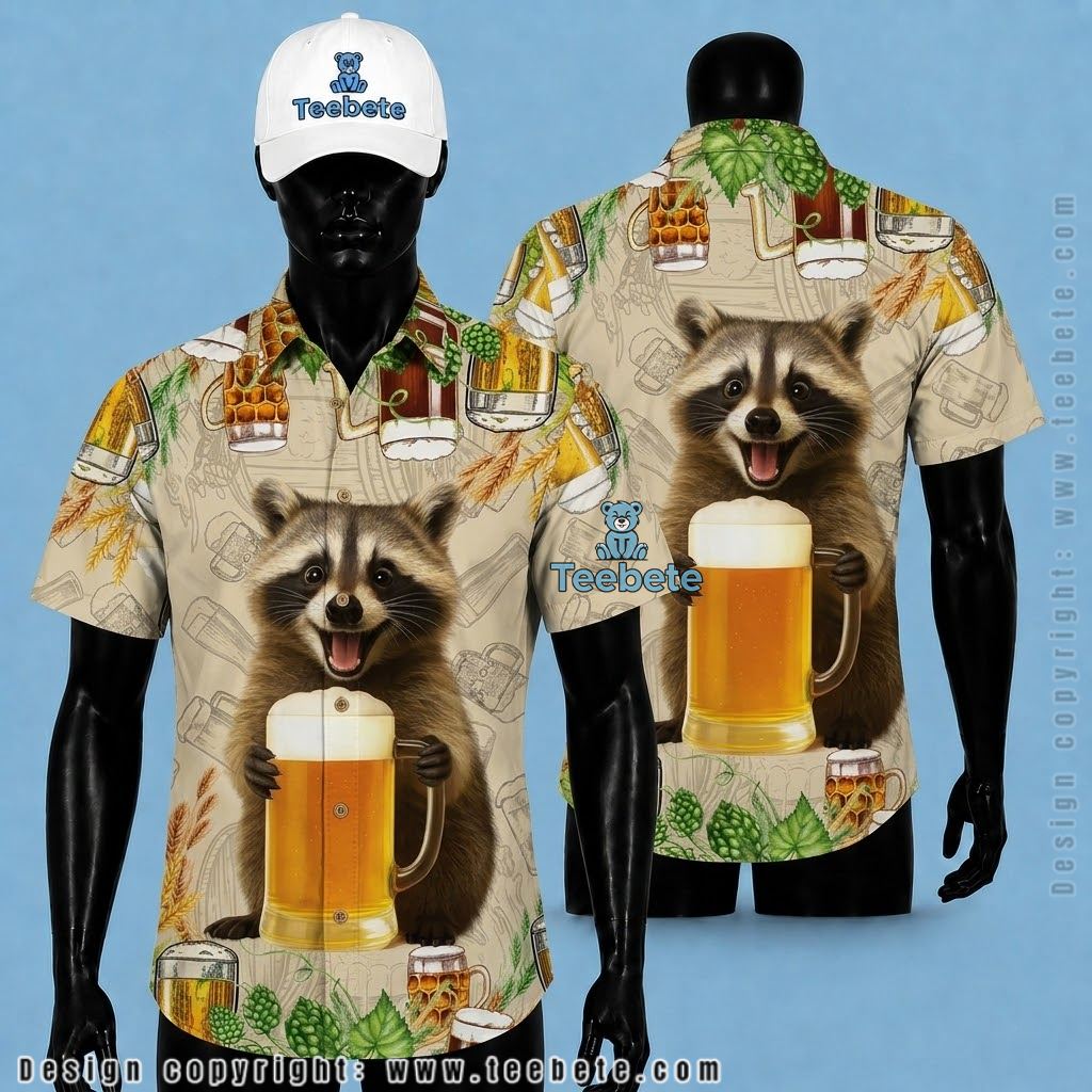 Beer Hawaiian Shirt Raccoon Mug Cheers Print