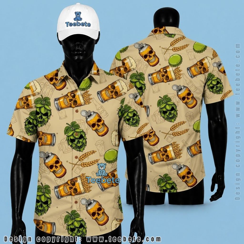 Beer Hawaiian Shirt Skull Hops Wheat Print